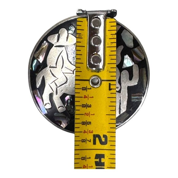 Vintage Alpaca Mexico Brooch Pendant Man On Donkey Abalone Inlay Enamel Pin 2" - Picture 5 of 6